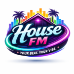 House FM logo with colorful equalizer, house icon, and vibrant music theme