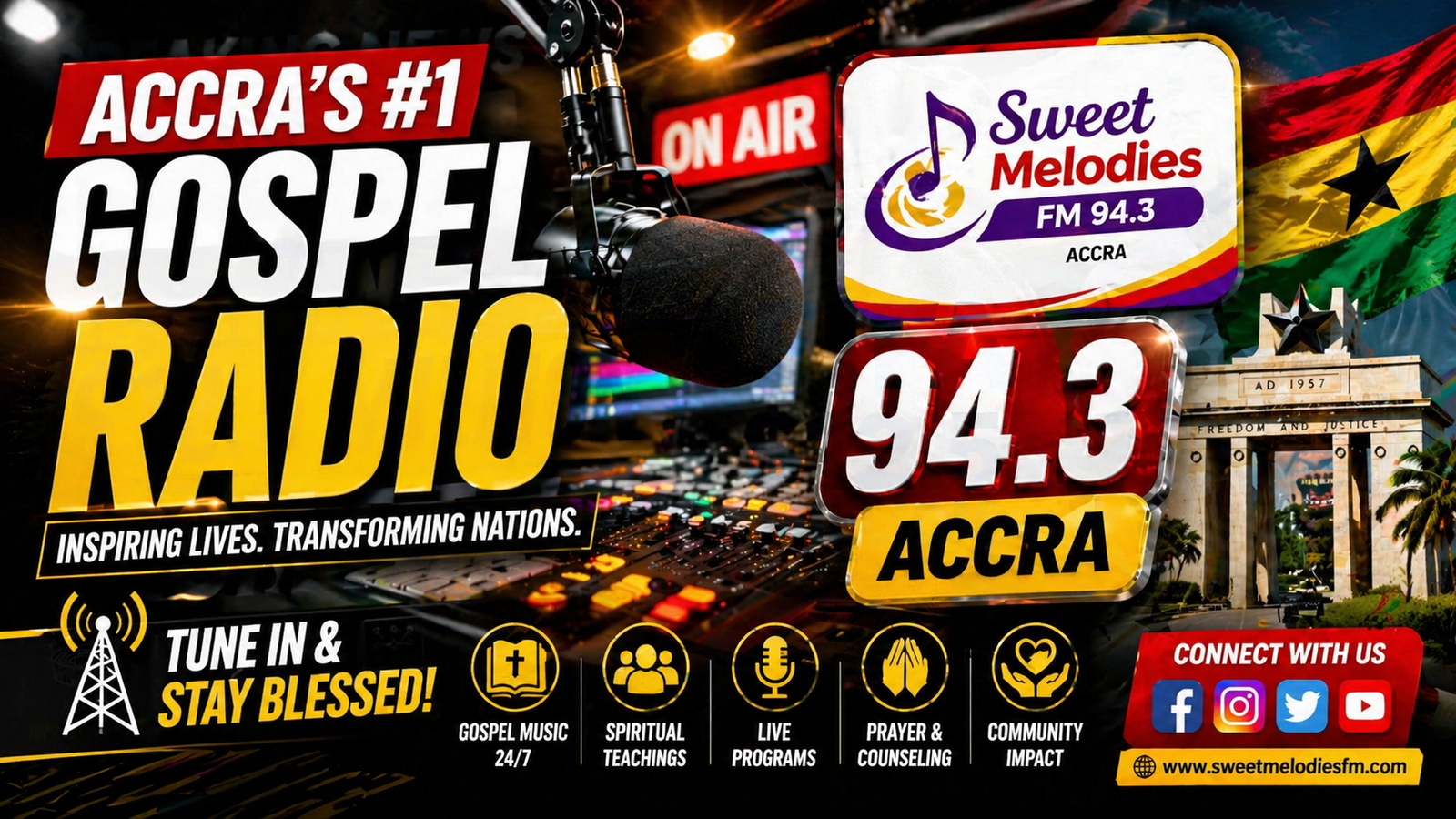 Sweet Melodies FM 94.3 Accra gospel radio station studio broadcasting live in Ghana