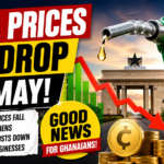 Fuel prices drop in May in Ghana showing petrol pump and falling price chart