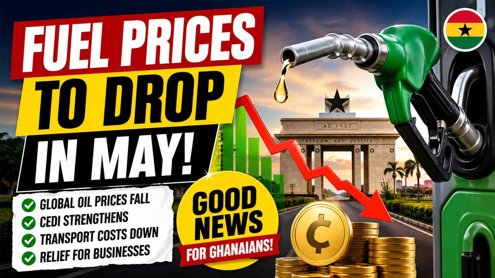 Fuel prices drop in May in Ghana showing petrol pump and falling price chart