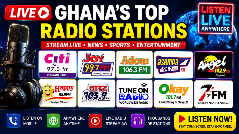 Top 10 Radio Stations in Accra live streaming online including Joy FM, Peace FM, Citi FM, and Tuneon Radio.