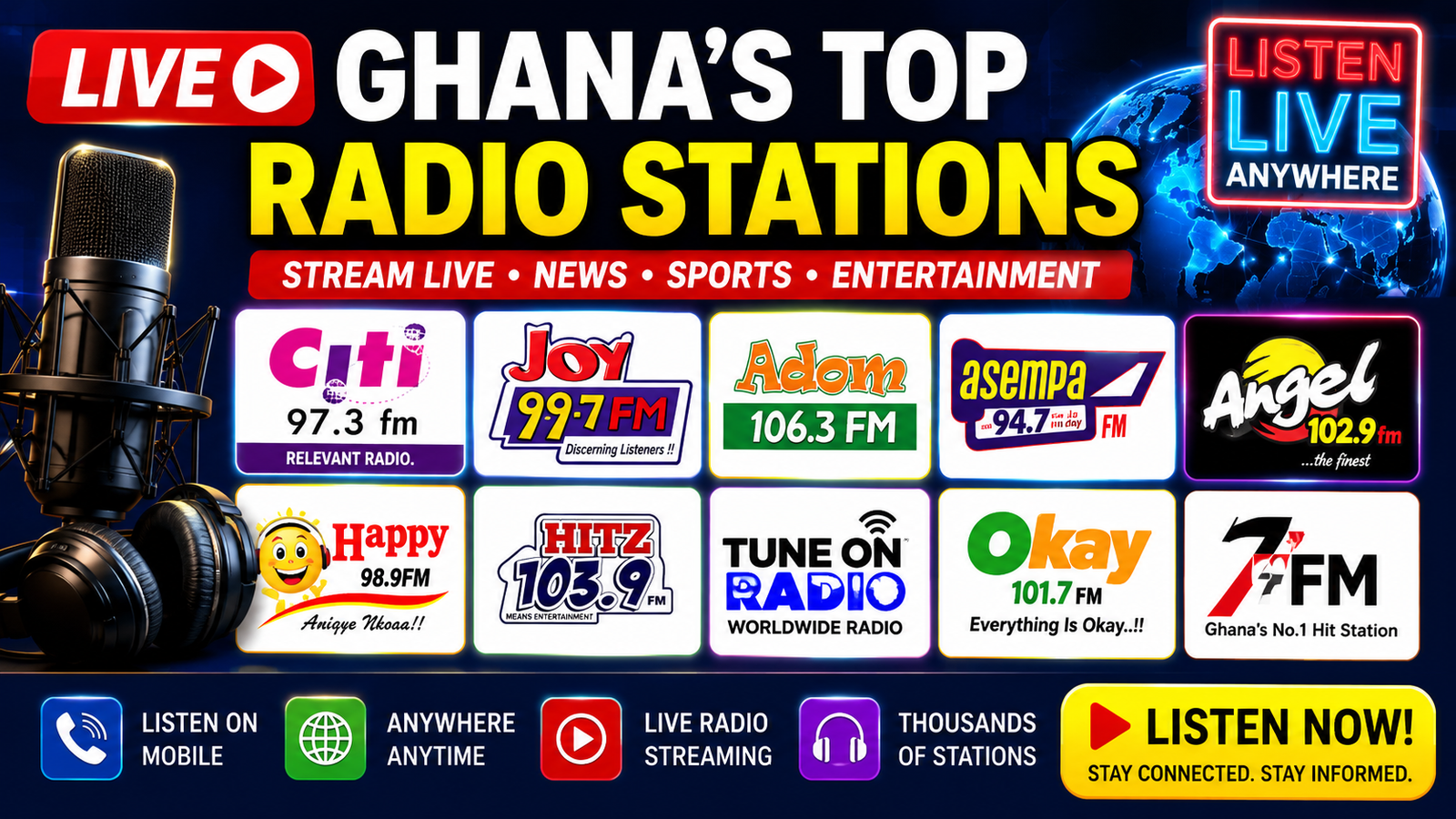Top 10 Radio Stations in Accra live streaming online including Joy FM, Peace FM, Citi FM, and Tuneon Radio.