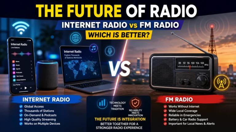 Internet Radio vs FM Radio: Which is Better comparison showing digital streaming and traditional FM radio broadcasting