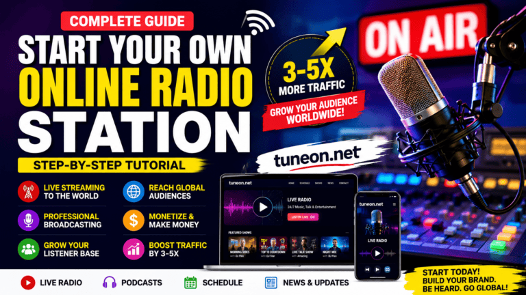 How to Start Your Own Online Radio Station with Live Streaming, Broadcasting Tools, and Tuneon.net branding
