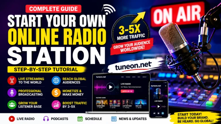 How to Start Your Own Online Radio Station with Live Streaming, Broadcasting Tools, and Tuneon.net branding