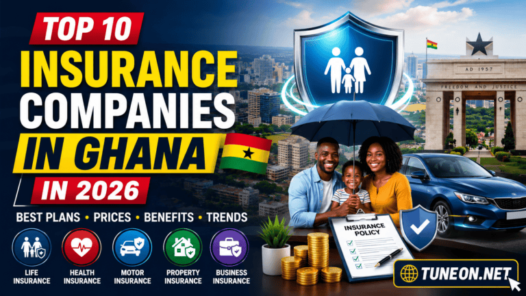 Top Insurance Companies in Ghana 2026 insurance coverage graphic with tuneon.net branding