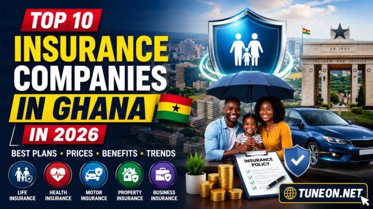 Top Insurance Companies in Ghana 2026 insurance coverage graphic with tuneon.net branding