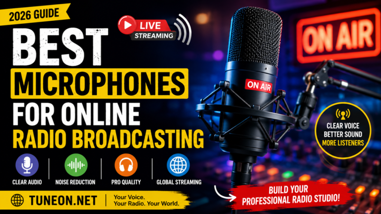 Best microphones for online radio broadcasting studio setup with Tuneon.net branding