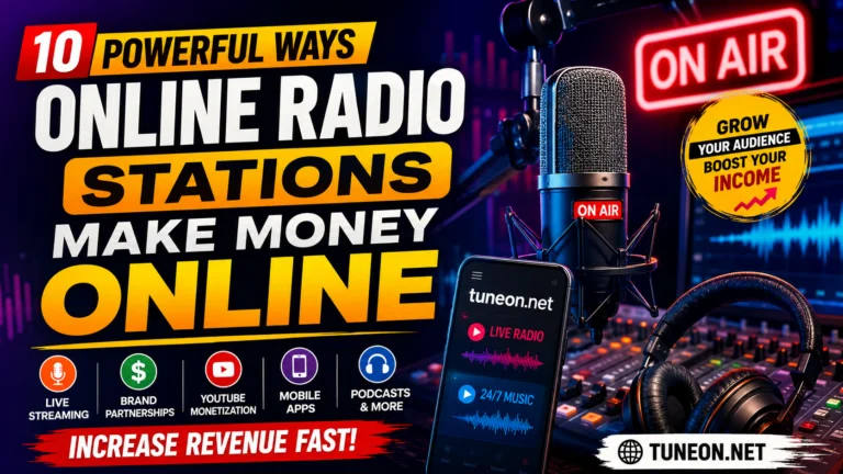 Online Radio Stations Make Money Online with advertising, YouTube streaming, podcasts, and sponsorships on tuneon.net