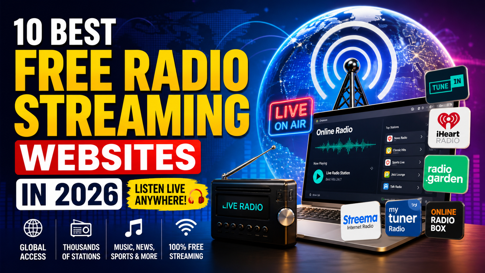 Best Free Radio Streaming Websites in 2026 showing live radio streaming platforms and global stations