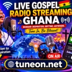 Live Gospel Radio Streaming Ghana online worship studio with gospel microphone, streaming app, Christian worship audience, and tuneon.net branding