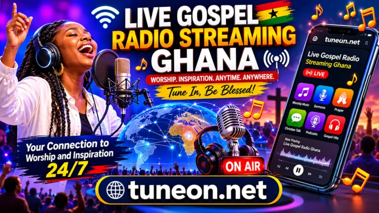 Live Gospel Radio Streaming Ghana online worship studio with gospel microphone, streaming app, Christian worship audience, and tuneon.net branding