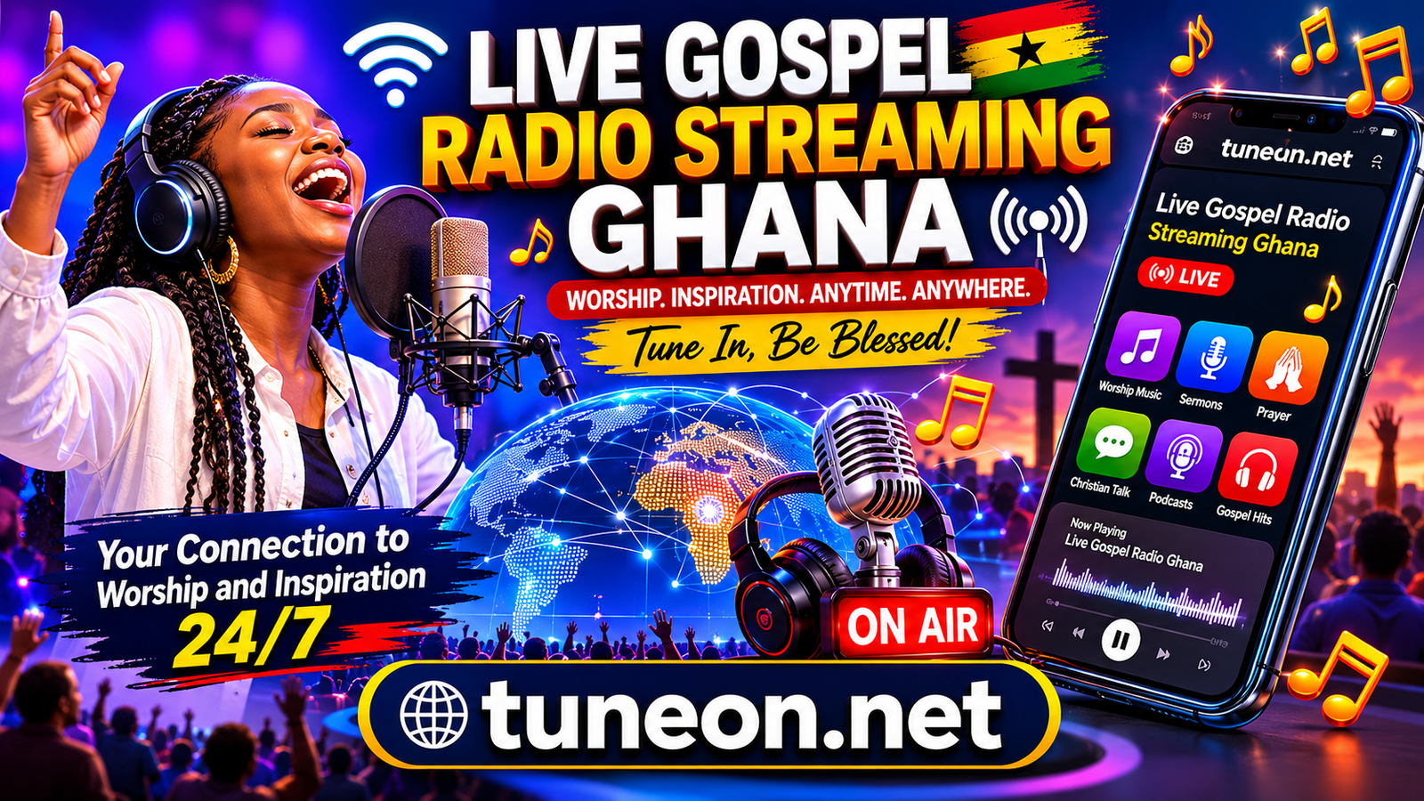 Live Gospel Radio Streaming Ghana online worship studio with gospel microphone, streaming app, Christian worship audience, and tuneon.net branding