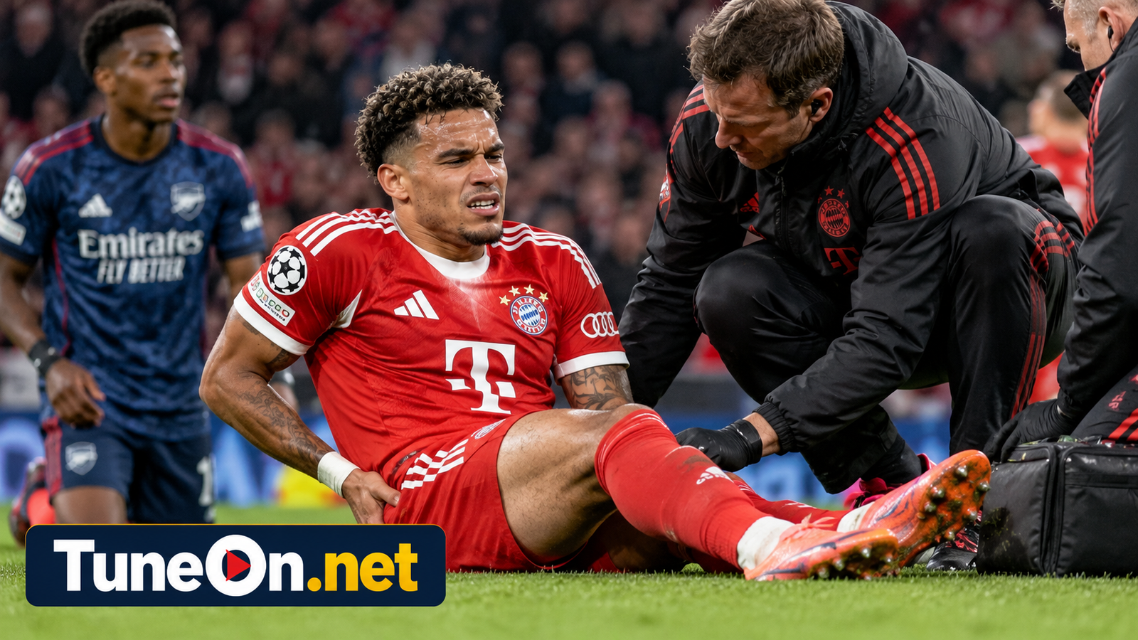 Bayern Confirm Luis Díaz Hamstring Injury After Arsenal Draw 2 Luis Díaz hamstring injury during Bayern Munich versus Arsenal, with TuneOn.net branding.