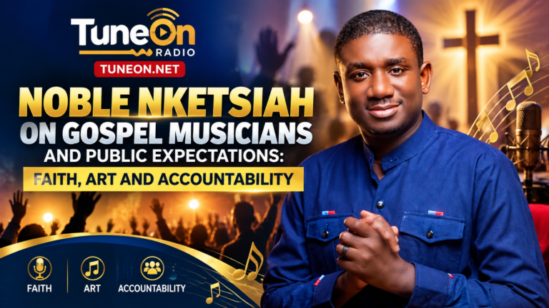 Noble Nketsiah gospel musicians: singer holding a microphone, illustrative TuneOn.net editorial image.