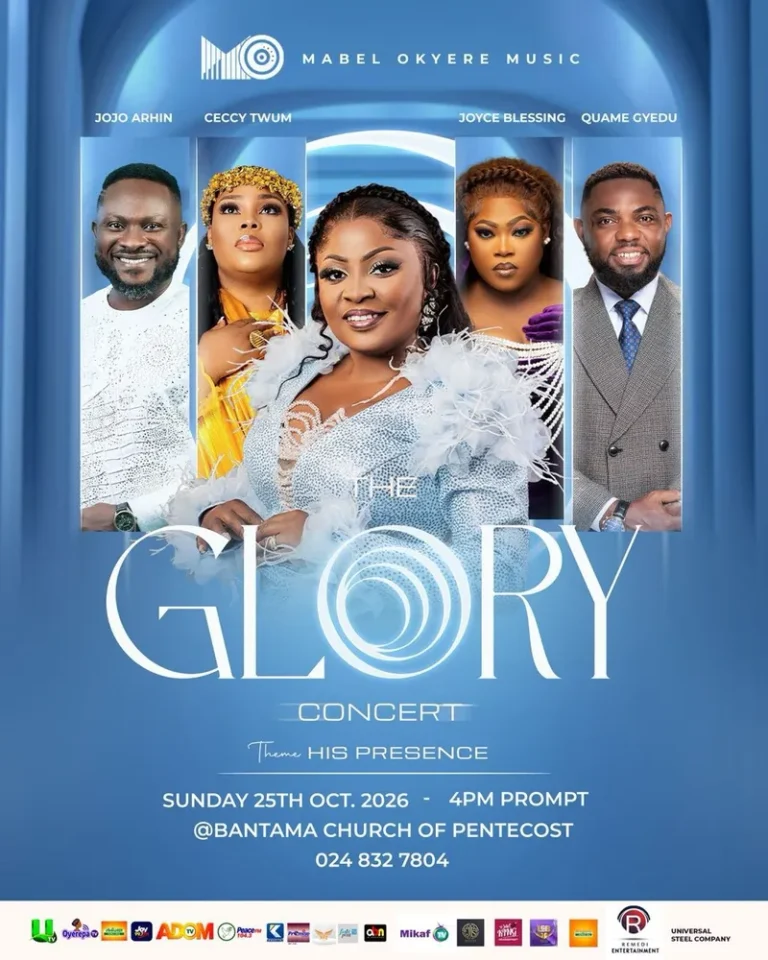 Official The Glory Concert 2026 poster featuring Mabel Okyere, Ceccy Twum, Joyce Blessing, Quame Gyedu and Jojo Arhin; event scheduled for October 25 at Bantama Church of Pentecost.